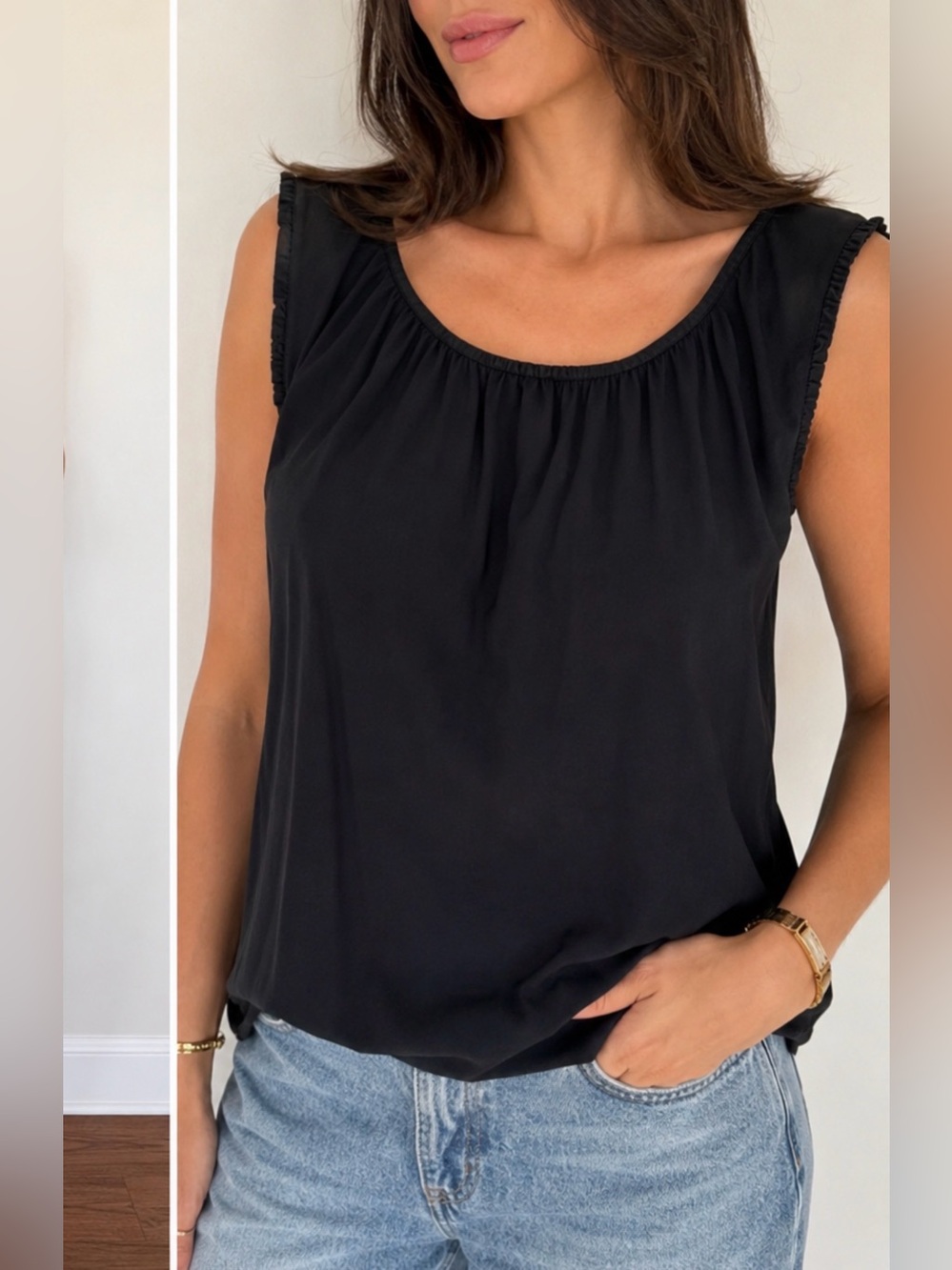 Elie Tahari Black Sleeveless Ruffle-Trim Camisole